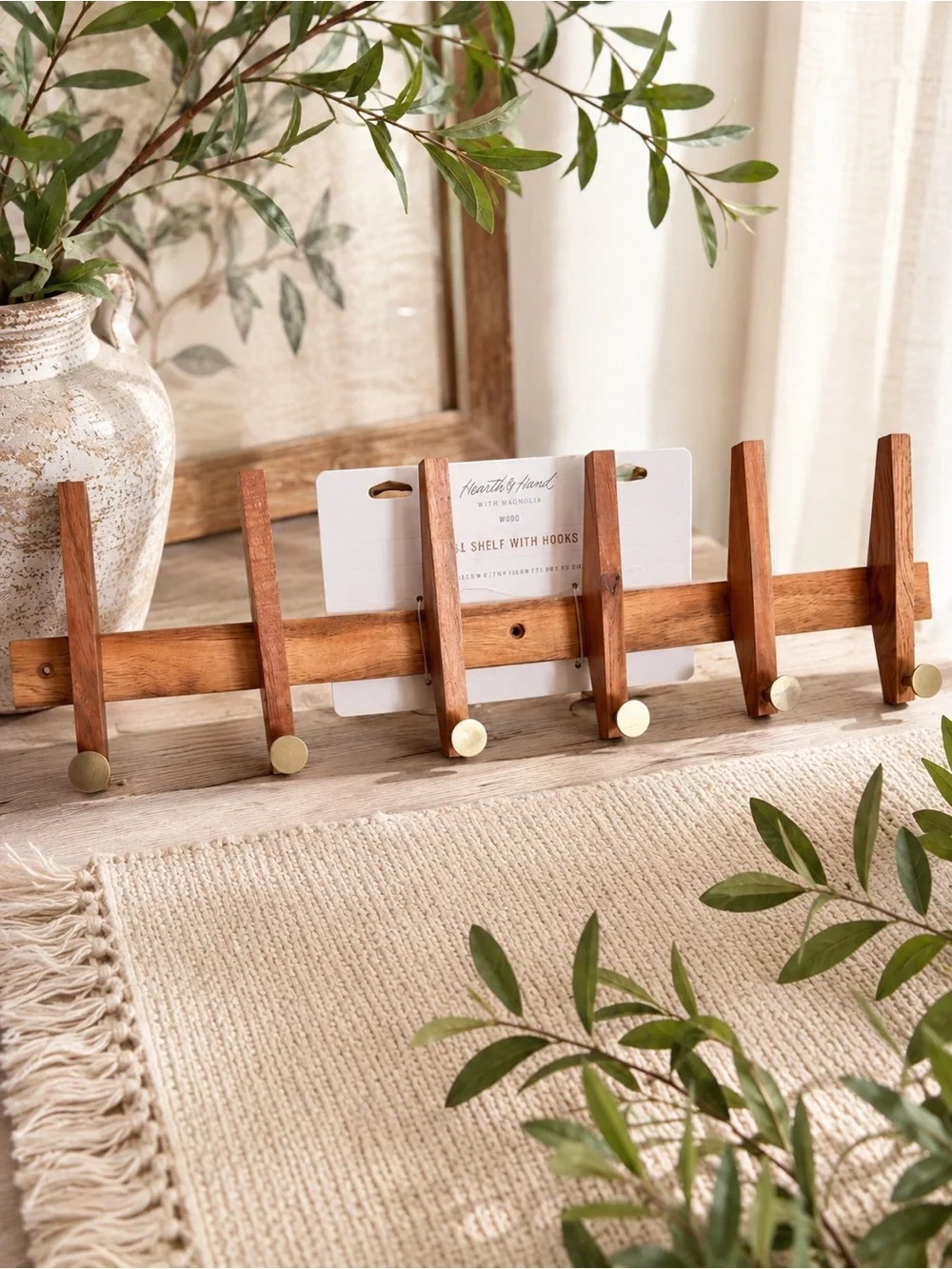New Hearth & Hand Magnolia 26” Wood & Brass Wall Hook Rail Rack Natural Wood